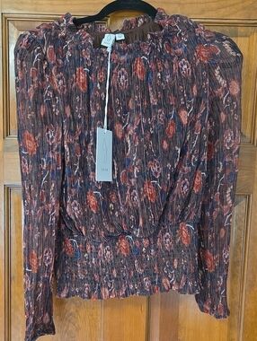 Joie Rust Multi Floral Smocked Long-Sleeve Blouse